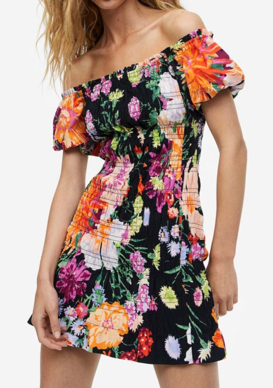 H&M Black Floral Fitted Smocked Mini Off Shoulder Dress
